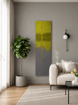 Künstlerischer Designheizkörper in Gelb und Grau für ein stilvolles Wohnzimmer
